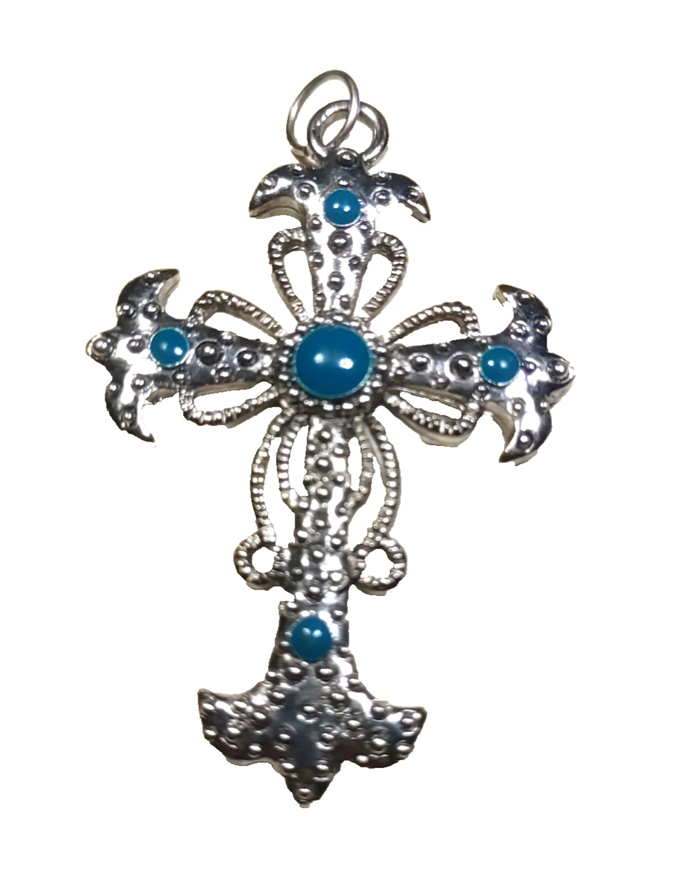 Cross Pendant Silver Tone Green Stone ? Scroll Work Religious Goth